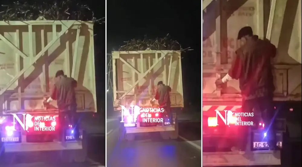 RUTAS PELIGROSAS: Un hombre fue filmado mientras viajaba colgado de una rastra cañera en la ruta 38